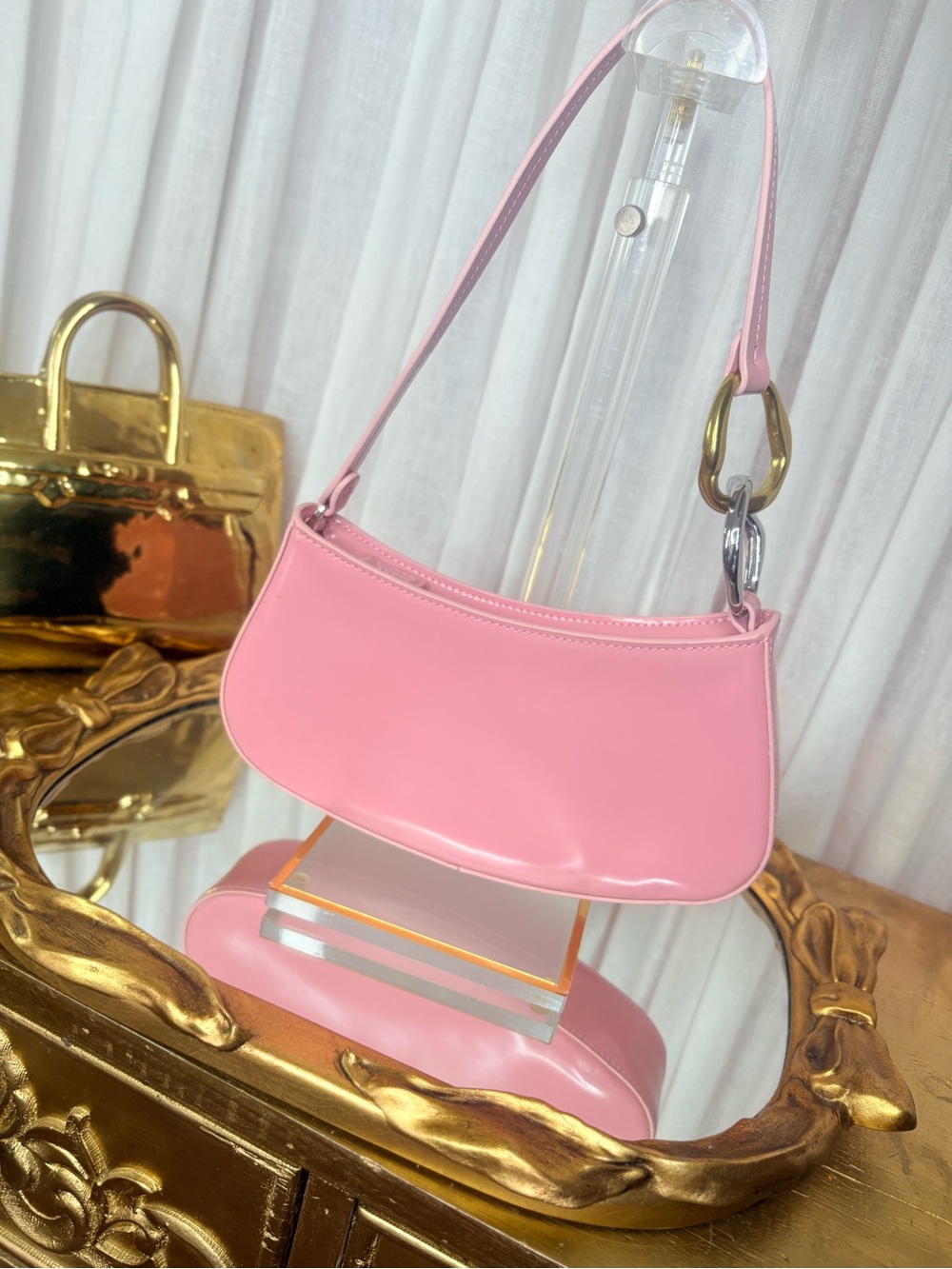 STAUD Ollie Bag Cherry Blossom Pink Leather Shoulder Bag NWOT Mixed Metal - Picture 5 of 5